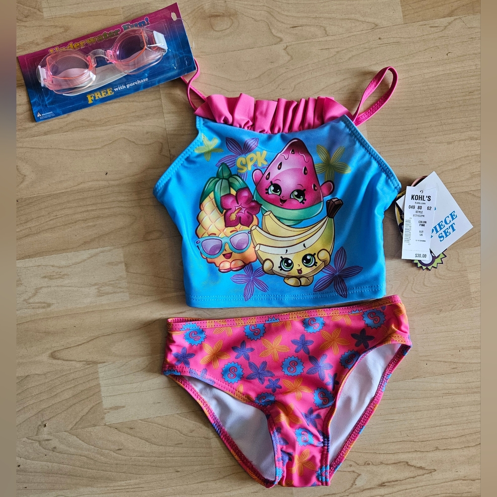 Girls SHOPKINS 2 Piece Bathing Suit w/ Goggles sz 5/6 NWT
